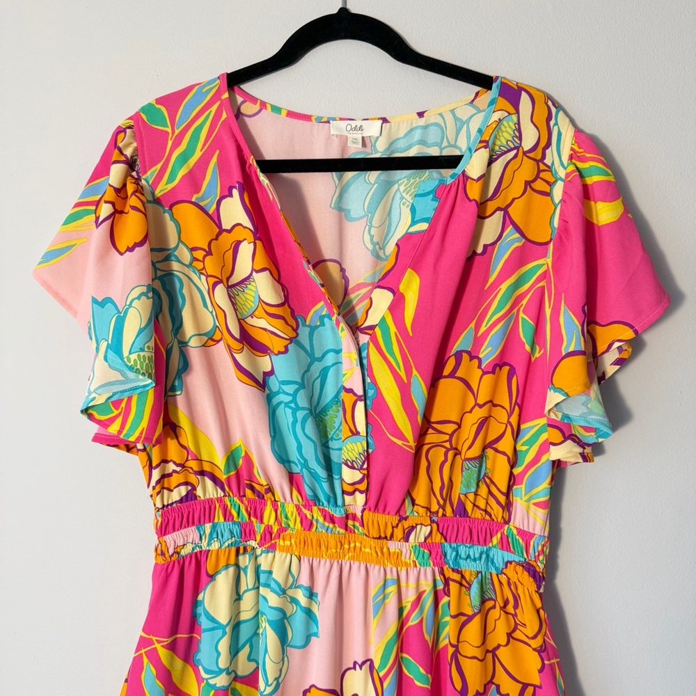 Boho Floral Tiered Maxi Dress Pink Tropical Cottagecore Ruffle Sleeve XL Oddi‎ - Picture 2 of 7